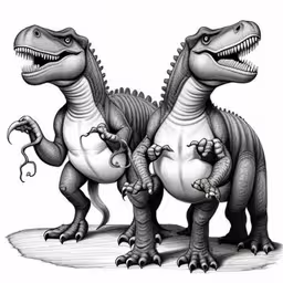 two dinosaurs one has its eyes open and the other is with his tongue out,two dinosaurs are depicted as if they are two very large,two dinosaurs standing side by side on a white background,two dinosaurs that are all different sizes,two dinosaurs, one large and one small
