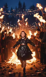 a young girl is in front of a fire
