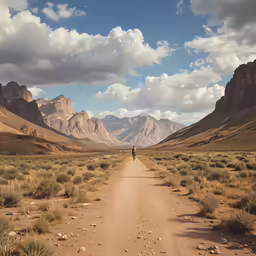there is a woman riding down the dirt road