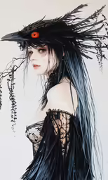a woman in black with a feather hat