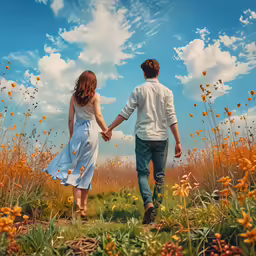 the man and woman are walking hand in hand through a field