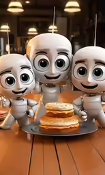 three little robots eating some food in a restaurant