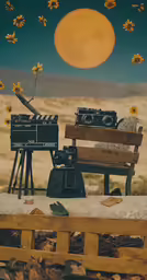 a bench with several cameras sitting on it