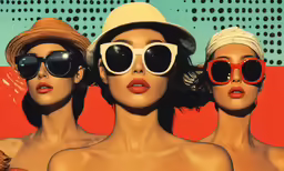 three mannequins wearing hat and sunglasses in front of a photo
