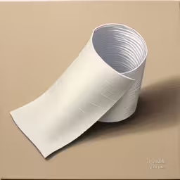 a painting shows white crocked paper laying on a brown background,a white paper roll resting on top of another white paper