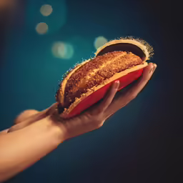 person holding an orange slice to each other