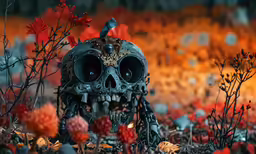 a colorful painting of a skull in a field