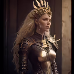 a woman in costume with a golden crown and huge breast