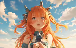 a woman with long red hair standing near a field and looking at her camera