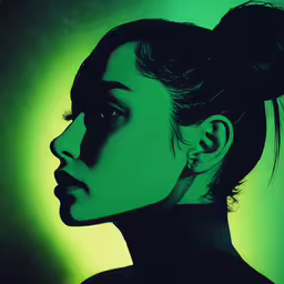 the profile of a woman with black hair,a digital portrait of a woman with a ponytail