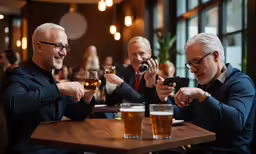 two men are at a bar and one has a cellphone