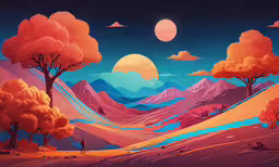 a landscape of mountains and trees is shown with the moon,the landscape of a colorful mountain valley, with some trees