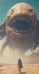 an alien creature standing in the desert with a person in it