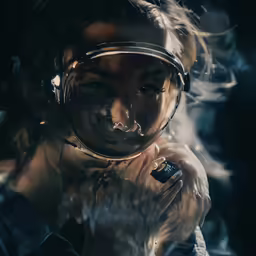 a woman is seen looking through the magnifying glass