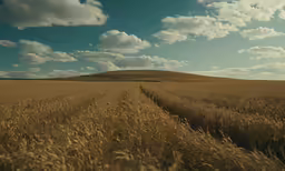 a grassy field with clouds overhead and a dirt path in the foreground