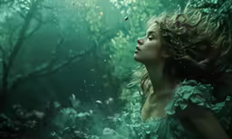 a woman looks up as she walks through a forest in the background