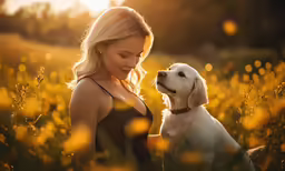 a woman and her dog are in a field at sunset