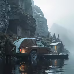 the old pickup is traveling by the side of a mountain stream