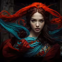 a woman is with red hair and blue dress