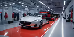 several cars parked in a building with people standing around