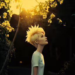 a woman stands on a road, with her head tilted up in the air