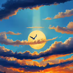 a bird flying through the cloudy sky above a sun,the sun is shining down on clouds and an eagle flying over it