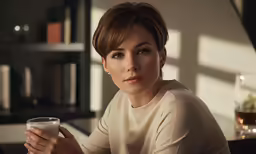 a woman with a drink and some books