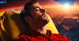 a young man sitting in a bright room,man in red shirt resting on yellow chair during daytime