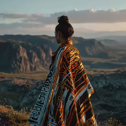 a woman is standing on the top of a hill and she has a wrap over her head