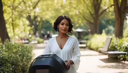 a woman with a bag is walking through a park