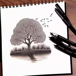 a drawing of a tree is shown next to three markers,two pens resting on top of a note pad,an illustration of a lake with birds in it,two pens are sitting next to a drawing,a drawing of a tree and birds with a pen