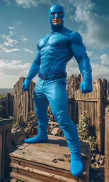 a man dressed in blue poses on top of a crate