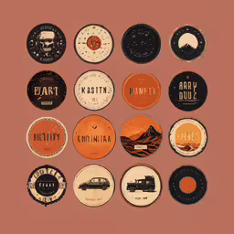circular badges in different colors and sizes,some different badges with some writing on them