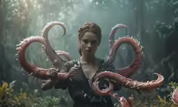 a lady in an octopus costume is posing in the rain