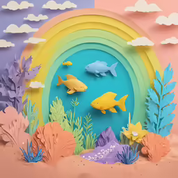 a colorful illustration featuring yellow fish in front of a rainbow