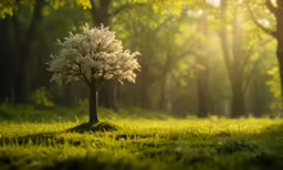 white tree in the middle of a forest with sunlight