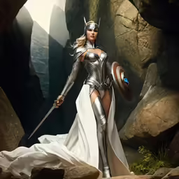 a woman in white and silver cosplaying holding sword