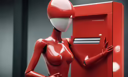 a red futuristic woman opens a red box