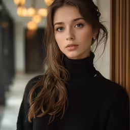 a woman with brown hair wearing a black sweater and posing for a picture