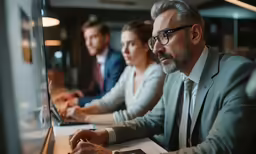man using laptop on counter during business meeting with other people