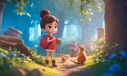 an animated girl with red purse and an animal walks down a trail through a forest