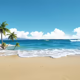 tropical beach scene with palm trees on a sunny day