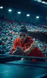 a woman in an orange uniform praying at a mass
