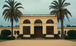a photo of some palm trees in front of a white building