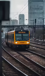 there is a yellow train on the railroad tracks