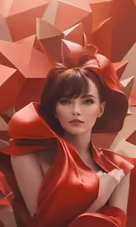 a woman in red with large bow in an image of some coral coral