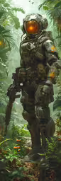 a man in a futuristic suit standing on top of a forest,a man walking through a jungle while holding onto an item