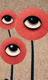 three black - eye balls of red plastic, on a tile floor with a background of beige ground