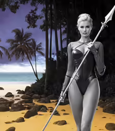 a young woman in a black bikini holds a sceptter on a beach