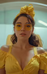 a woman wearing yellow glasses and a bow tie